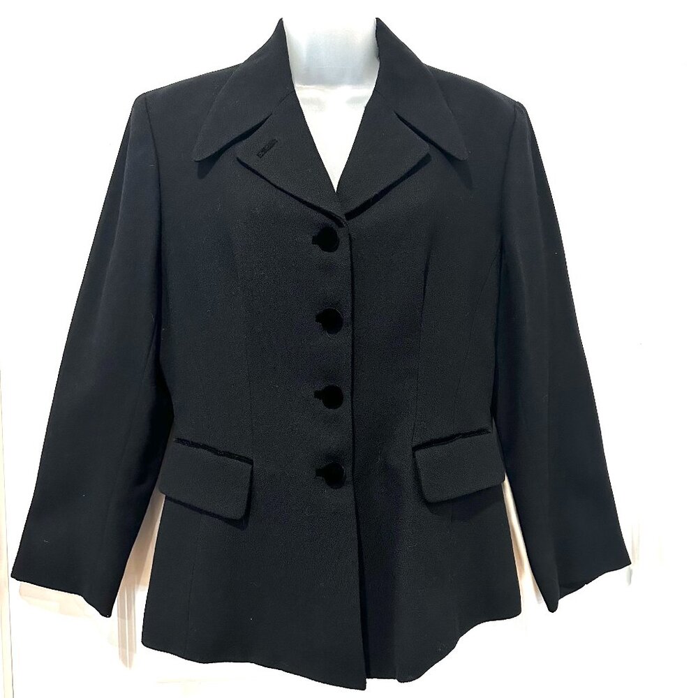 Vintage Elegant Barami Couture Black Wool Crepe Fitted Blazer, Size 10